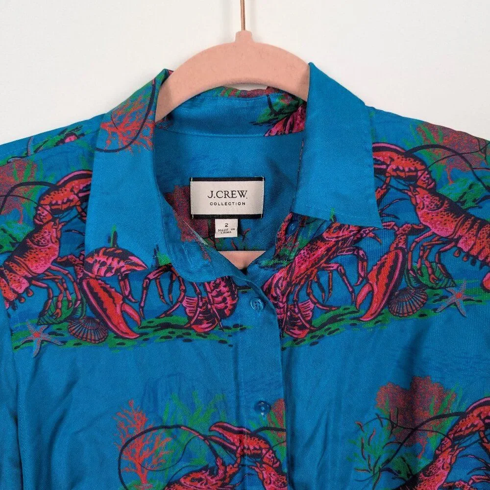 J.Crew | Blue Lobster Print Silk Button Down Shirt Size 2